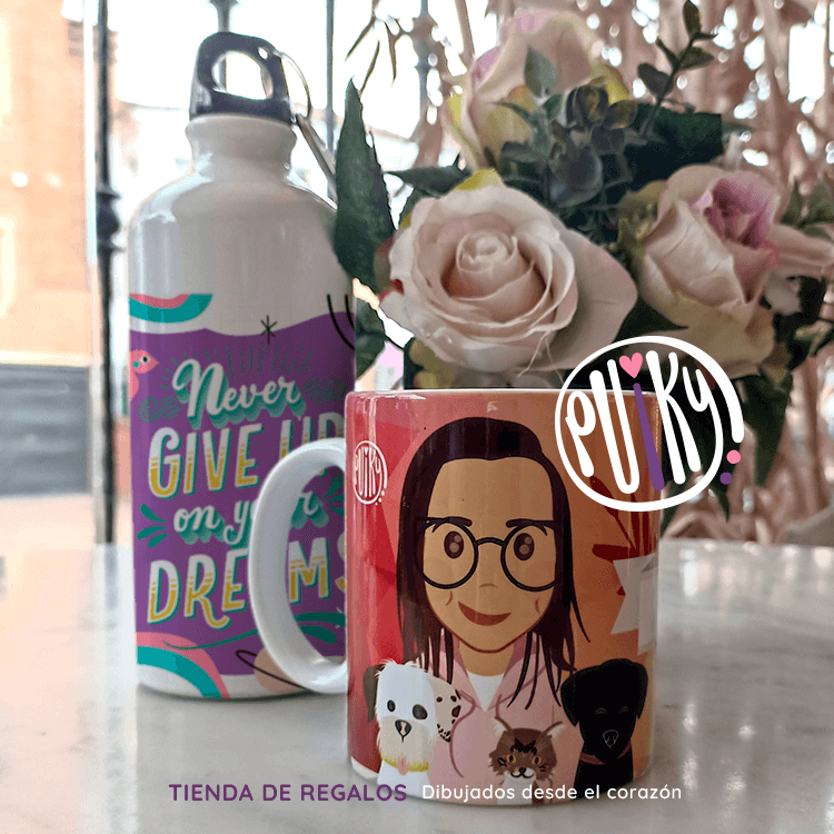Mugs y caramañolas personalizadas con caritas ilustradas para el 8 de marzo.