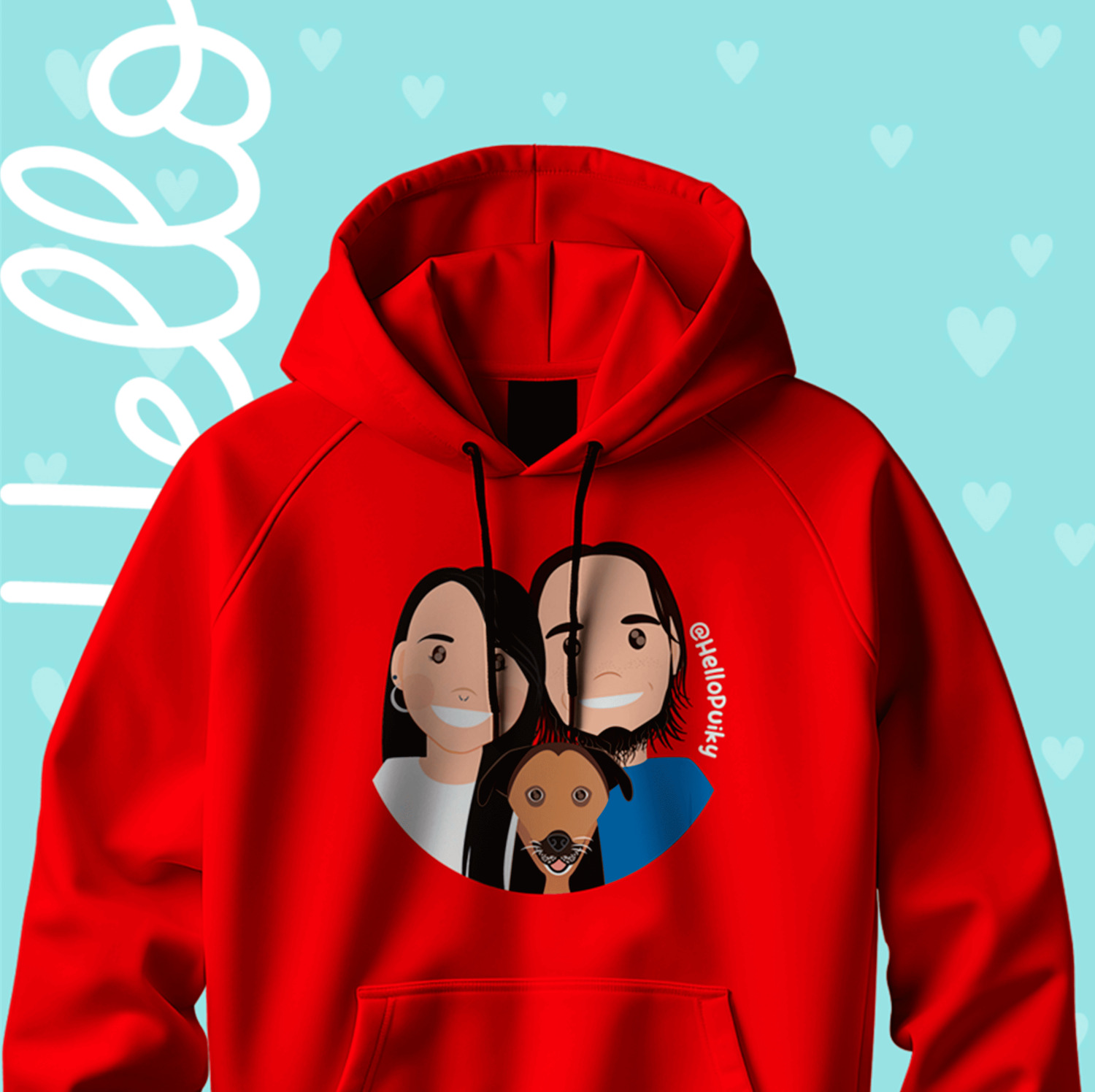 Detalle de ilustración personalizada sobre buzo abrigador de pareja.